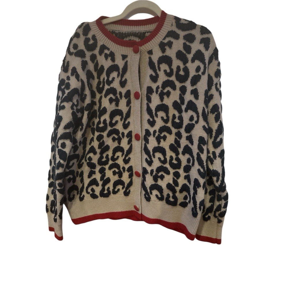 Leopard Print Taupe Navy Blue Cardigan Red Buttons *No Size Tag See Measurements